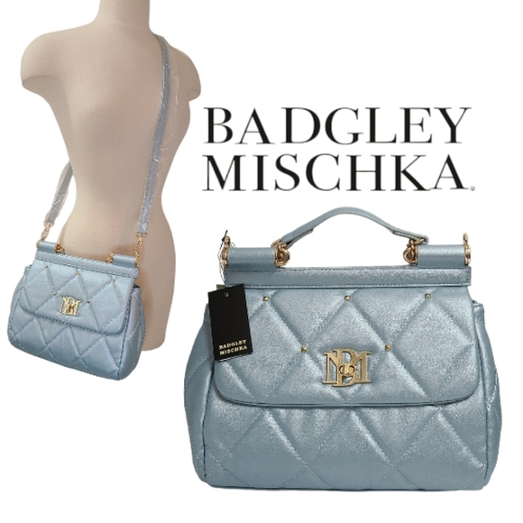 Badgley Mischka Metallic Blue Big Diamond Quilting with Studs Bag NWT